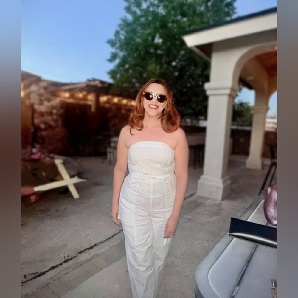 White Denim Strapless Cargo Jumpsuit